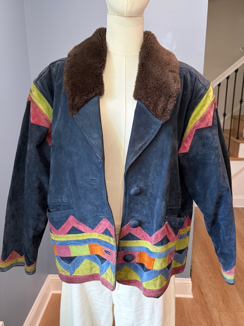 Rare Vintage Sonneur Suede Leather Jacket Faux Fur Collar Southwest Colorblock - Picture 1 of 10